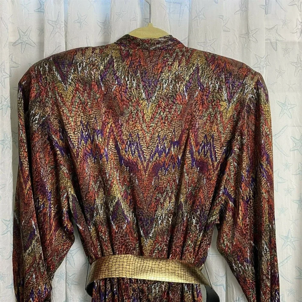 Vintage Caron Chicago Dress Shirtdress Geometric Ikat Pattern Slinky Sexy Belted